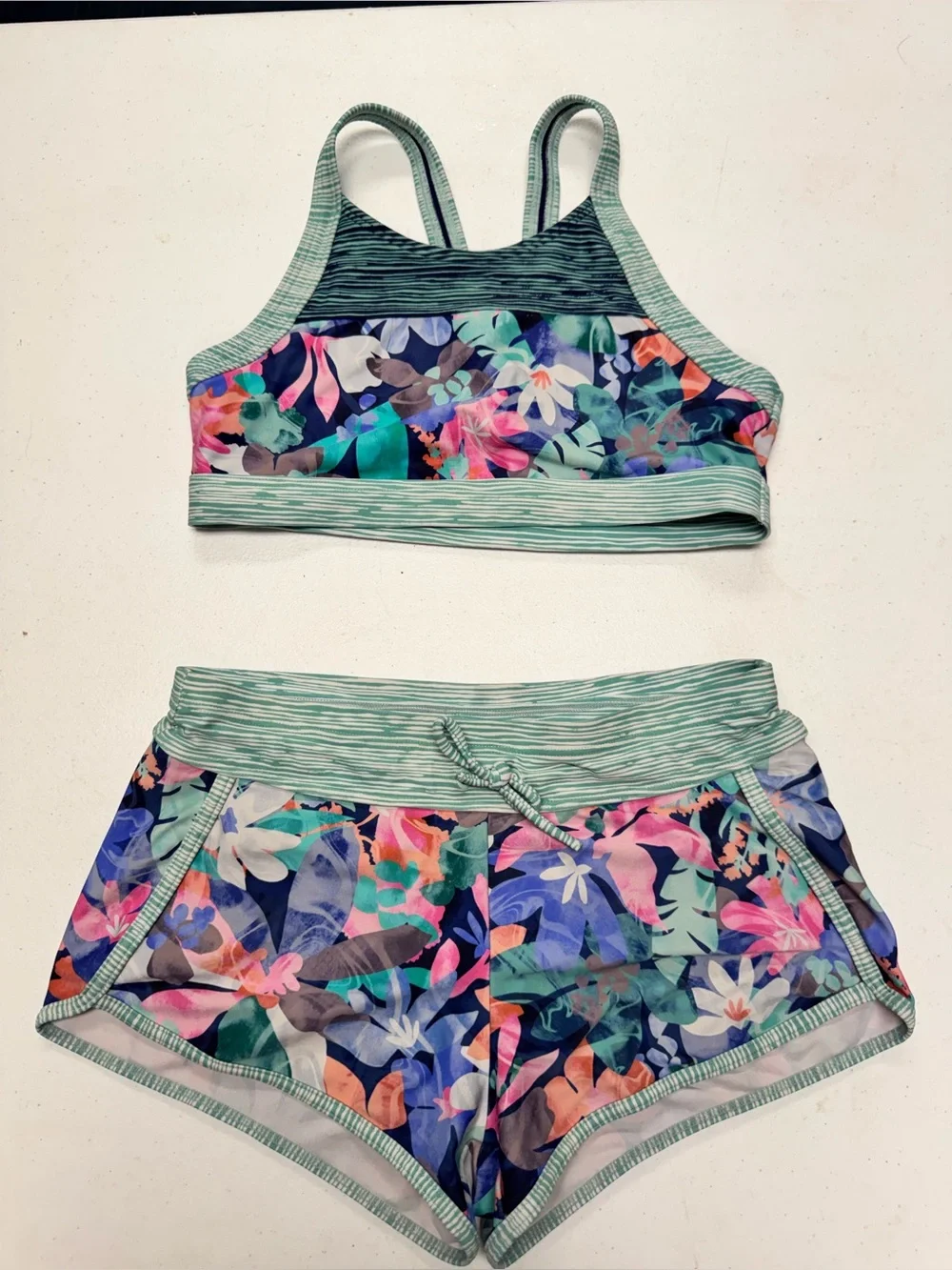 Athleta Girls Teal & Navy Floral Active Bikini Set, youth L (12)